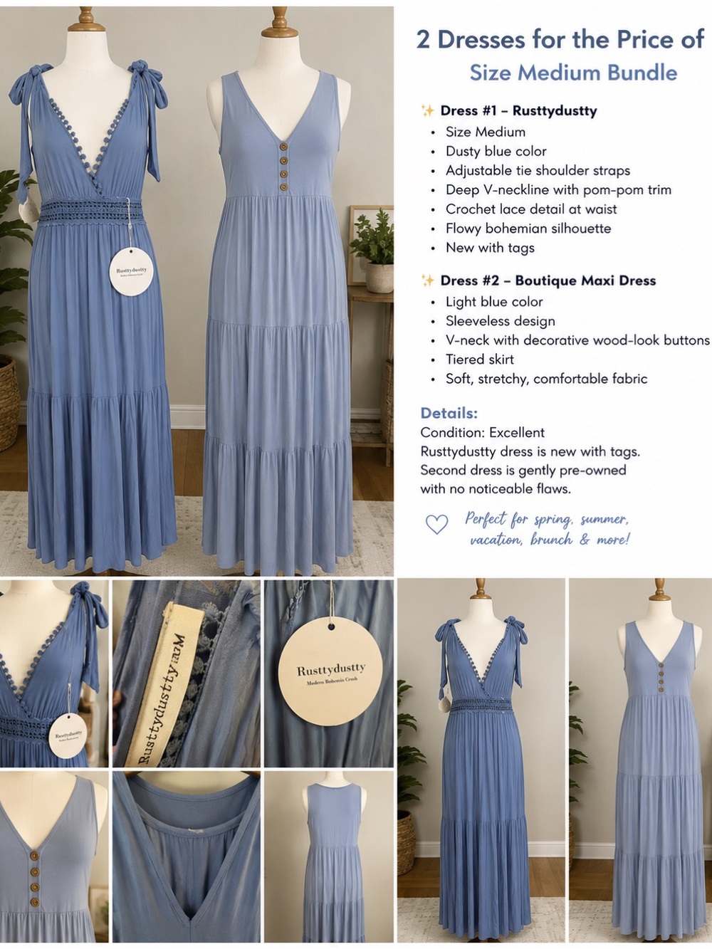 RustyDustty Dusty Blue Maxi Dress - V-Neck Boho Tiered Dress